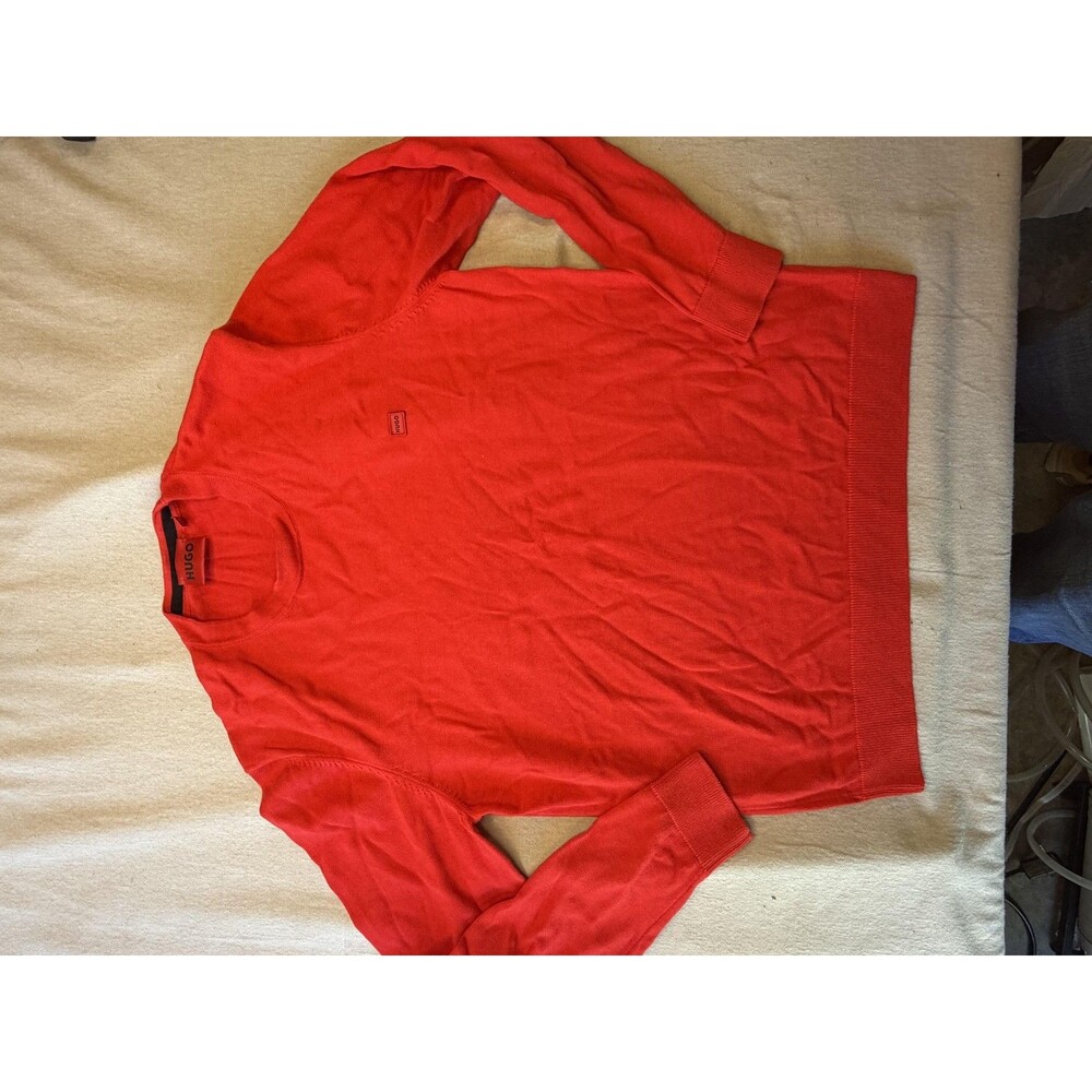 HUGO Sweater Mens XL Red Long Sleeve Knit Crewneck Pullover Logo Patch
